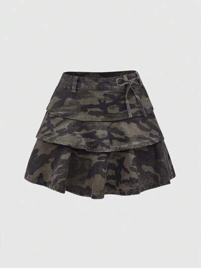 Fairycore تنورة جينز مطبوعة بطبعة كامو متعددة الطبقات كاجوال للصيف، المدرسة