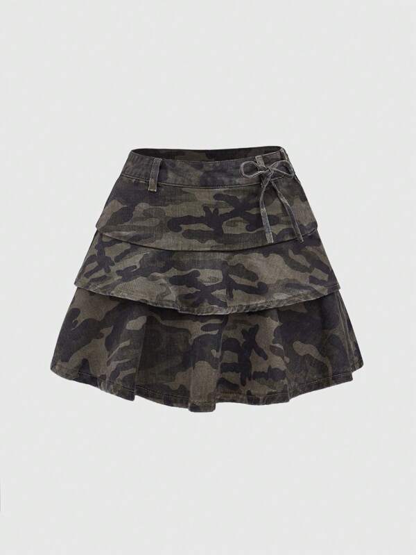ROMWE Fairycore Women's Summer Casual Camouflage Printed Multi-Layer Denim Skirt, School