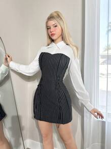 SHEIN ICON Spaghetti Strap Patchwork Ruffle Sleeve Tie-Front Dress - Black and White - View 1