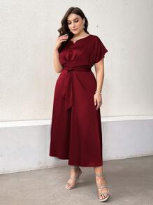 Modelyn Vestido largo de noche con cuello en pico, mangas tipo murciélago y cinturón, color rojo burdeos
