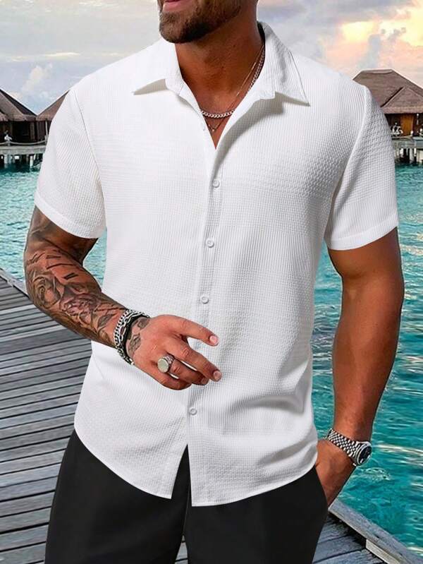 Manfinity RSRT Men Solid Color Plain Button-Down Casual Short-Sleeve Shirt For Boyfriend Gift Men Summer Shirtswhite Top For Menwhite Tops For Menwhite Men Shirt