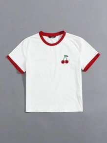 SHEIN EZwear Summer Contrast Color Crew Neck Embroidery Cherry Ringer Loose Tee