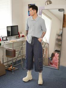 Manfinity Hypemode Hommes du style de rue Vintage Y2K JORTS en jean original de vache bleue foncé à multiples poches - Jean brut - Voir 5