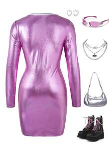 SHEIN Explorewe Vestido casual de manga larga con estilo callejero y tejido brillante con diseño impreso de bloques de colores para adolescentes, otoño, adecuado para el desplazamiento diario y fotos casuales calles - Rosa - Ver 2