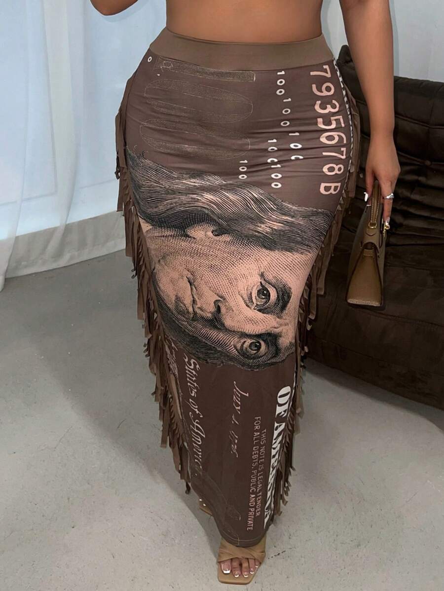 SHEIN SXY 女士緊身字母數字印花側邊綁繩優雅時尚長裙 - 棕色 - 查看 1