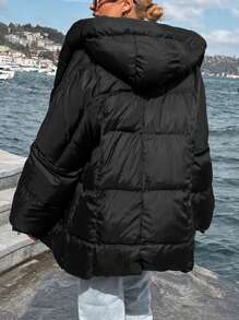 EURMUSE Zip Up Hooded Puffer Coat - Black - View 2