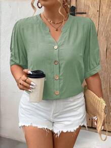 SHEIN LUNE Áo sơ mi ngắn tay thường ngày cổ chữ V có khía cỡ lớn, mùa hè - màu xanh lá - Xem 6