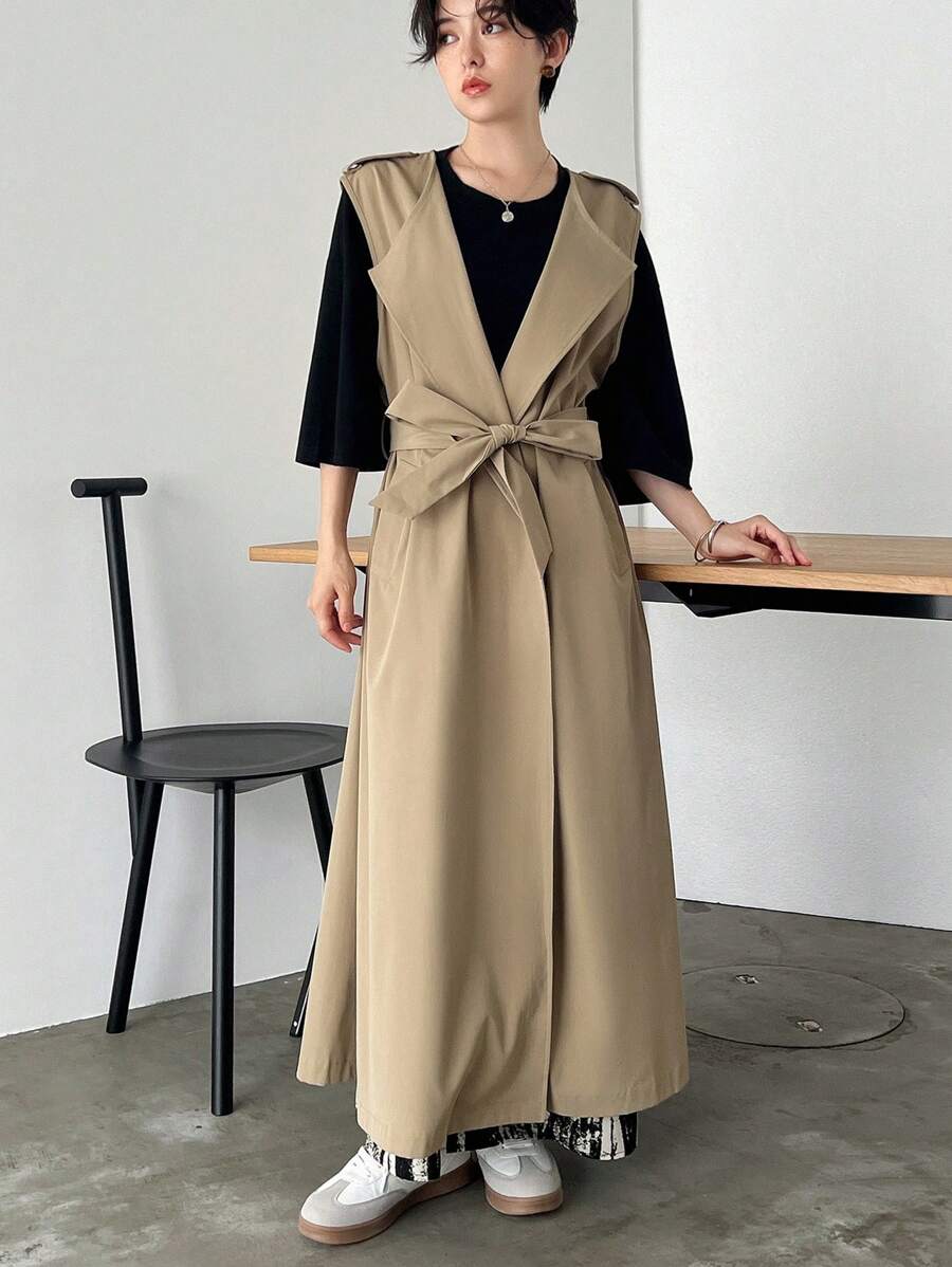 FRIFUL Ladies' Solid Color Lapel Sleeveless Tie-Front Regular Jacket, Casual And Daily Wear Vest Women Coats - Khaki - View 1