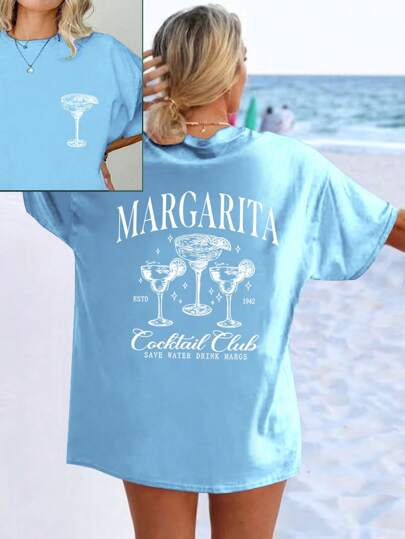 SHEIN Unity 女士宽松版型马提尼鸡尾酒白色短袖 T 恤，夏季图案 T 恤女式上衣