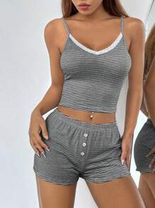 SHEIN Unity Ladies' Lace Striped Printed Summer 2pcs Camisole Set (Lace Randomly Cut) - Black and White - View 5