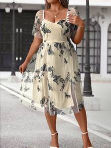 SHEIN Clasi Plus Size Summer Casual Butterfly Embroidery Mesh Puff Sleeve Dress - Apricot - View 4