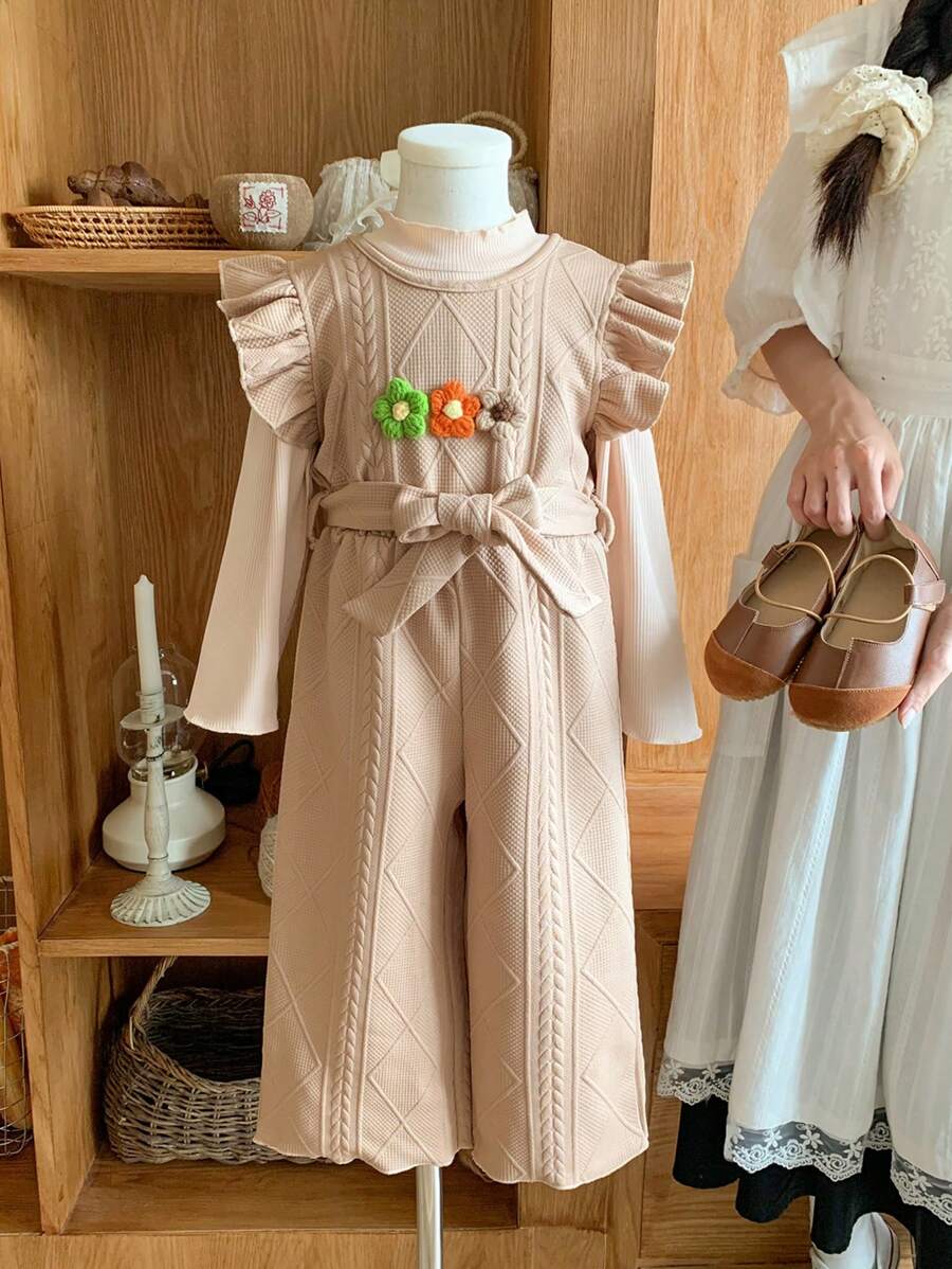 SHEIN Young Girls' Casual And Versatile All-Match Princess Rural Holiday Texture, Double-Layered Woven Three Colored Flower Jumpsuit With Waist Belt And Ruffle Trim, Paired With High-Neck Knit Long Sleeve T-Shirt, Suitable For Autumn, Winter, Daily Wear, Outings, Picnics, And School. - Khaki - View 1