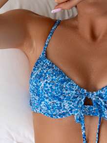 女士印花度假两件套比基尼套装（上衣和下装），随机印花夏日海滩