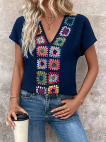 EMERY ROSE 女士V領花繡蝙蝠袖夏季襯衫 - 寶藍色 - 查看 4