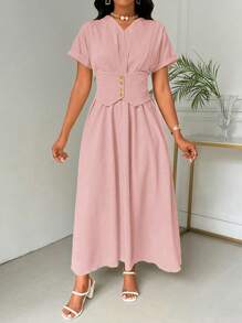 Chiquease Solid Batwing Sleeve Waist-Cinching A-Line Dress - Pink - View 5