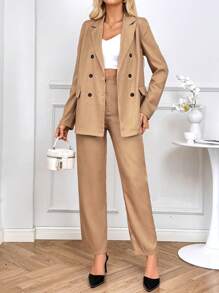 Chiquease Conjunto de traje de chaqueta con solapa plana, botones frontales, falsos bolsillos y pantalones de vestir de manga larga