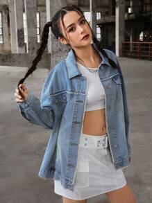 SHEIN Teen Girls' Y2K Blue Denim Jacket With Butterfly Pattern, Summer Boho Lightweight Denim Break Clothes Outfits - Light Wash - View 5