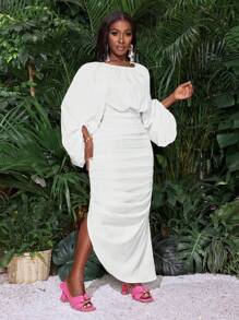 Slaydiva Jesień Elegancka impreza dojazdowa Impreza Okrągły dekolt Latarnia Mankiety Sukienka z wysokim stanem Marszczony po obu stronach Asymetryczny zaokrąglony dół Długa sukienka Biała tkana Zwykła damska sukienka-M - Biały - Zobacz 3
