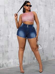 Slaydiva Plus Size Women's Plain Simple Denim Shorts, Casual - Dark Wash - View 6