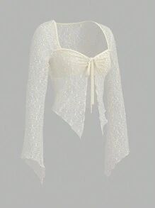 Sweetina Lace Style V-Neck Tie-Front Pointed Hem T-Shirt - Beige - View 3