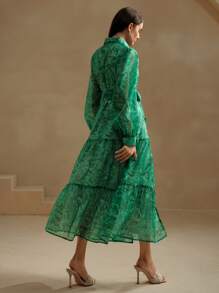 Anewsta Vestido camisero largo y elegante con cintura ajustada, de diseño semitransparente con estampado de lino tipo vacacional, para mujer - Verde - Ver 2