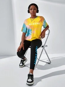 SHEIN 少女染色字母短袖上衣和緊身褲套裝，夏季 - 彩色 - 查看 4