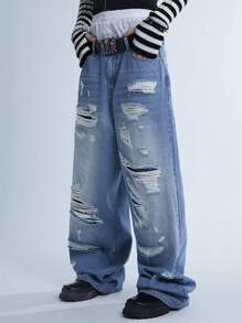 Manfinity Denimwave Y2K Retro Street Style Men's Light Blue Distressed Baggy Jeans Wide Legs Ripped Jeans, For Husband, Boyfriend Gifts - Light Wash - View 5