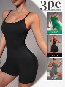 SHEIN Sports 3pcs Seamless Rib-Knit Cami Sports Romper - Multicolor - View 1
