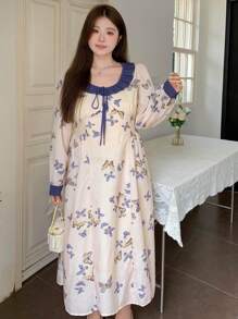 Dazy Petite Plus Plus Size Women's Round Neck Long Sleeve Lace Spliced Butterfly Allover Print Dress, Casual & Vacation,Ruffle,Fall Dress - Multicolor - View 6
