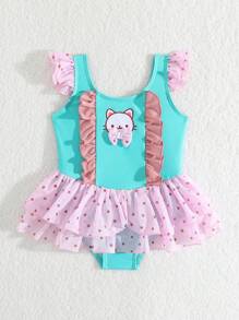 Bộ đồ bơi liền thân lưới nhún bèo màu hồng và xanh tương phản cho bé gái, có điểm nhấn là chiếc nơ xinh xắn, váy đi biển phong cách công chúa - Nhiều màu - Xem 5