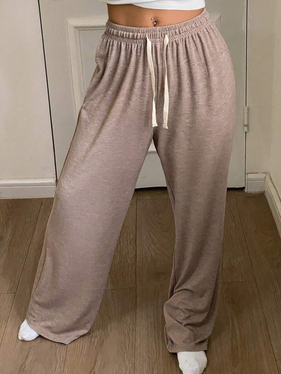 Livesso 女士舒适时尚宽松针织直筒休闲裤，带抽绳，适合睡衣、秋冬穿着