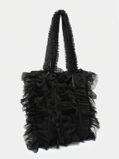 Kawaii Women's Vintage Holiday Style Mesh Black Tote Bag With Ruffle Trim And Bowknot, Large Capacity