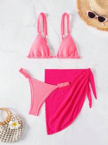 SHEIN Swim Damen Einfarbiger, simpler Bikini-Set für den täglichen Gebrauch am Strand - Heißes Pink - Übersicht 1