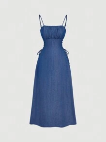 SHEIN MOD 牛仔效果前褶腰收腰复古吊带长裙，返校服装，教师服装，女士复古服装，服装，夏装，生日服装，秋季服装，返校节服装 - 藍色 - 查看 1