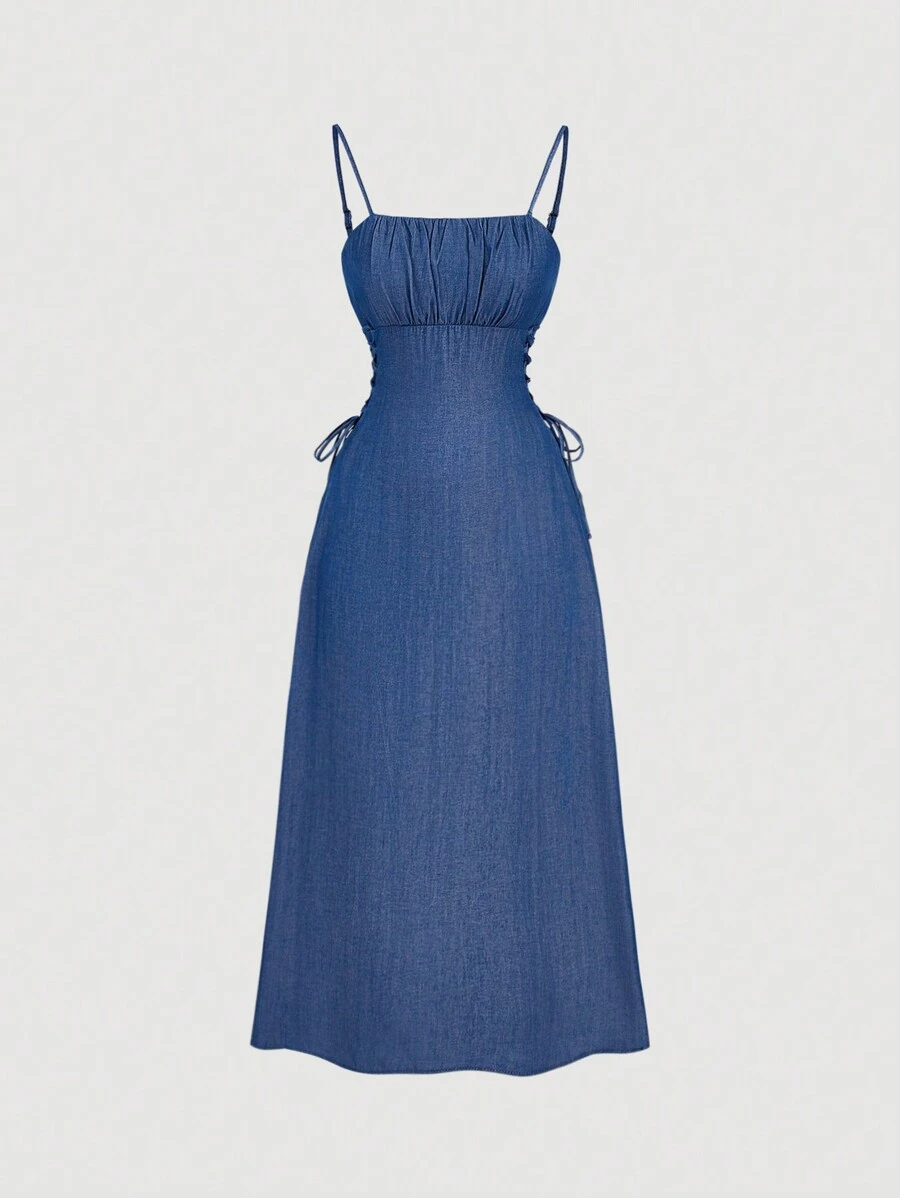 SHEIN MOD 牛仔效果前褶腰收腰复古吊带长裙，返校服装，教师服装，女士复古服装，服装，夏装，生日服装，秋季服装，返校节服装 - 藍色 - 查看 1