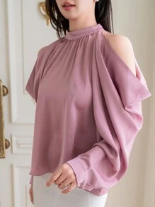 DAZY Áo sơ mi dài tay hở vai cổ đứng màu trơn thanh lịch dành cho nữ, Quần áo mùa thu cho nữ - Hồng - Xem 7