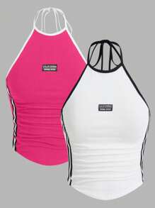SHEIN ICON 2pcs Color Block Striped Side Tie Halter Y2k Top (Pack Of 2) - Multicolor - View 1