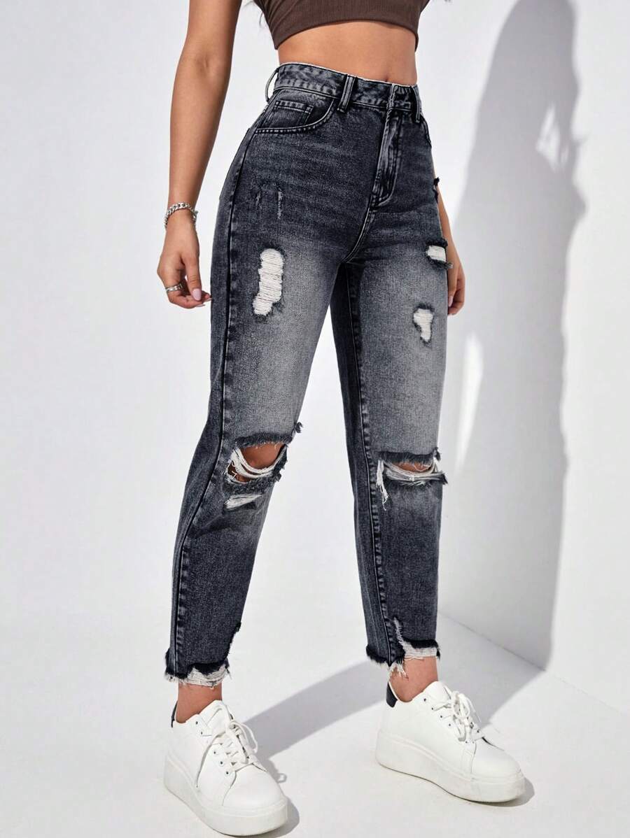 SHEIN Tall 女式前扣口袋做旧简约休闲牛仔裤 - 黑色 - 查看 1