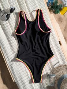 SHEIN Swim Summer Beach Contrast-Trimmed One-Piece Swimsuit - Black - View 3