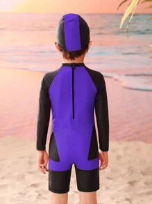 Young Boy Spider Printed Color Blocking Round Neck One Piece Swimsuit With Swimming Cap - Multicolor - View 2