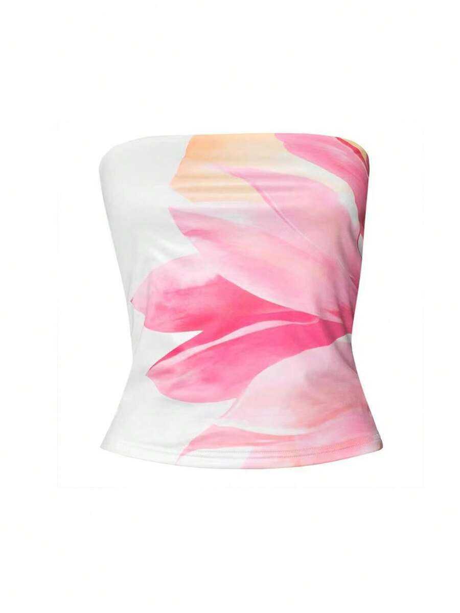 SHEIN EZwear Hawaiian Beach Vacation Floral Print Tube Top, Can Be Worn