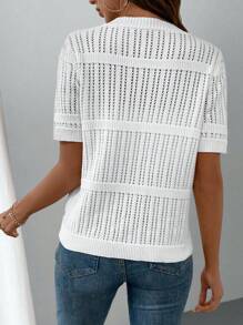 SHEIN LUNE 女士素色簡約日常短袖V領針織上衣 - 白色 - 查看 2