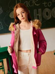 SHEIN Explorewe 青少年女孩休闲保暖蓬松领子羊羔针织帽抽绳棉服外套，配有可爱的束腰 - 玫紅色 - 查看 6