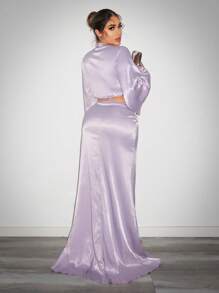 SHEIN SXY Ensemble Robe Invitée de Mariage Femme Chemise à Manches Longues en Satin Nouée et Jupe Longue Élégante