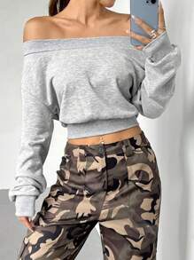 SHEIN Unity Off-Shoulder Solid Color Long Sleeve Cropped Sweatshirt - Light Grey - View 1