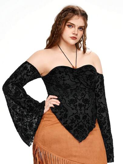 Fairycore Blusa para mujer de talla grande de cuello halter con tela flocada, manga acampanada y dobladillo de malla negra