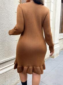 SHEIN LUNE Robe pull élégante pour le travail/les occasions formelles, en couleur unie, en tricot, avec encolure ronde, garniture de volants et manches longues, longueur mi-mollet, pour femmes en taille forte, pour l'automne/l'hiver