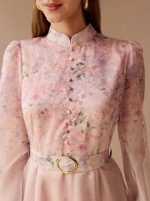 MOTF PREMIUM ORGANZA FLORAL PRINT BELTED DRESS - Multicolor - View 3