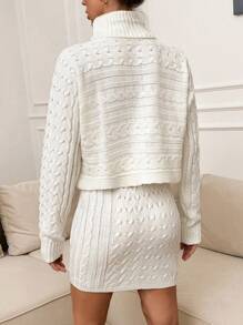EURMUSE Turtle Neck Cable Knit Batwing Sweater & Mini Cable Knit Sweater Skirt 2 Pieces Skirt - White - View 6