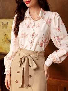 Vintamour Vintage Elegant Women's Rose Floral Printed Long Sleeve Shirt, Woven Collar, Apricot Color For Casual, Work And Vacation Back To School Women Shirts Women Tops Fall Tops Fall Women Outfits Back To School Clothes Fall Outfits Fall Shirts Long Sleeve Women Shirts Long Sleeves Woman Office Wear Fall Clothes Collared Women Shirt Beige Shirt Fall Women Shirts Pink Shirt